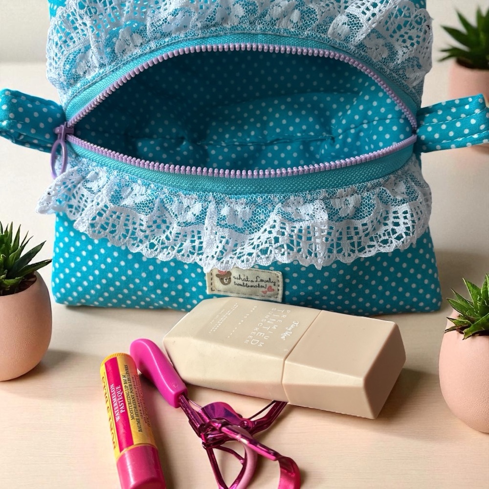 Teal Polka Dot Cosmetic Bag with Lace Trim
